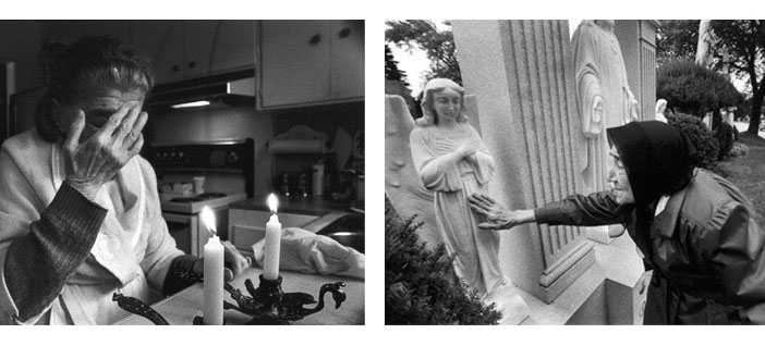 (on the left) The Saturday church in our kitchen. Since her hands were shaking because of Parkinson's, we used to help her to light the candles. (on the right) My angel mother visiting a grave. 