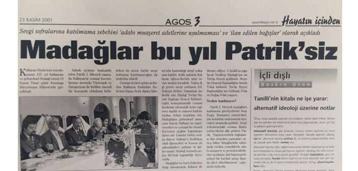 Agos' archive: The Patriarch won’t attend madaghs this year