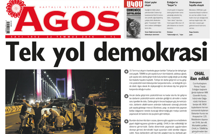 Agos 'Tek yol demokrasi' manşetiyle çıktı