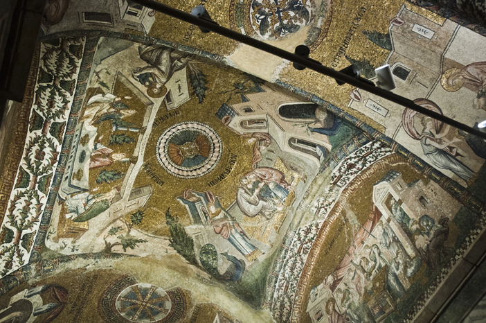 A section of the mosaics of the northern part of the inner narthex, showing several scenes from the cycle of Mary's childhood